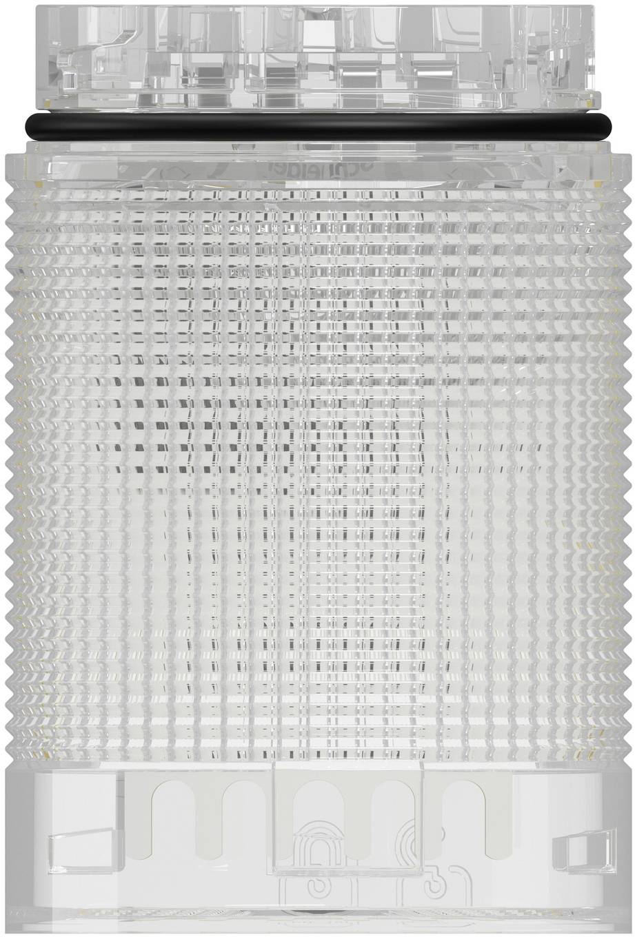Durchsichtiges zylindrisches Kunststoffgerät mit strukturierten Seiten, durchsichtigem Deckel und weißer Basis, vor einem neutralen Hintergrund gezeigt.