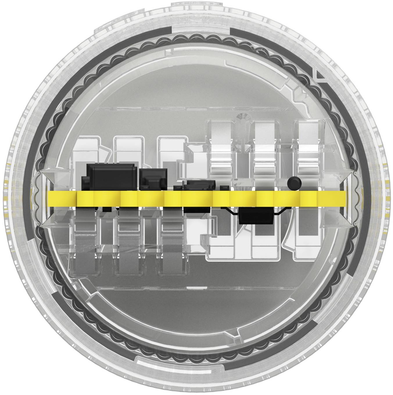 Querschnittsdiagramm eines kreisförmigen mechanischen Geräts mit internen Komponenten, die um eine zentrale gelbe horizontale Welle ausgerichtet sind.
