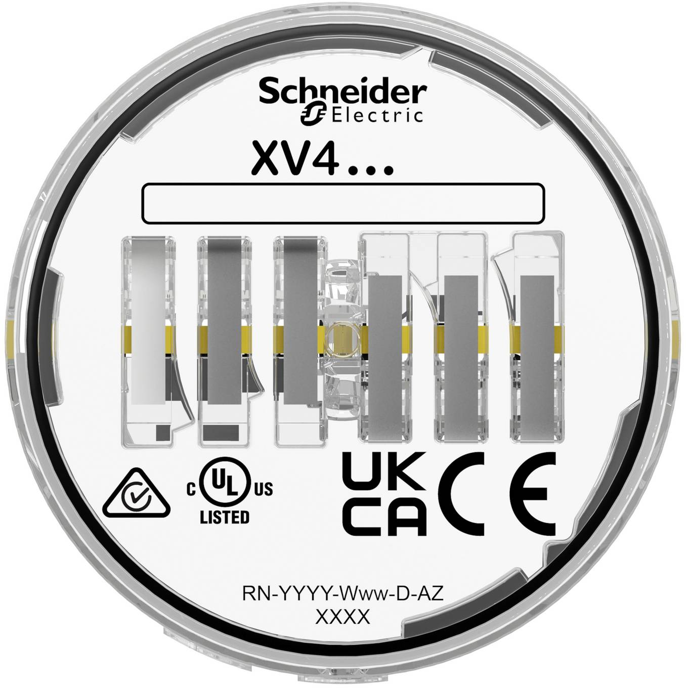 Schneider Electric XV4... rundes Steuergerät mit Produktbezeichnung, Zertifizierungsmarken und Modellnummer RN-YYYY-Www-D-AZ XXXX.