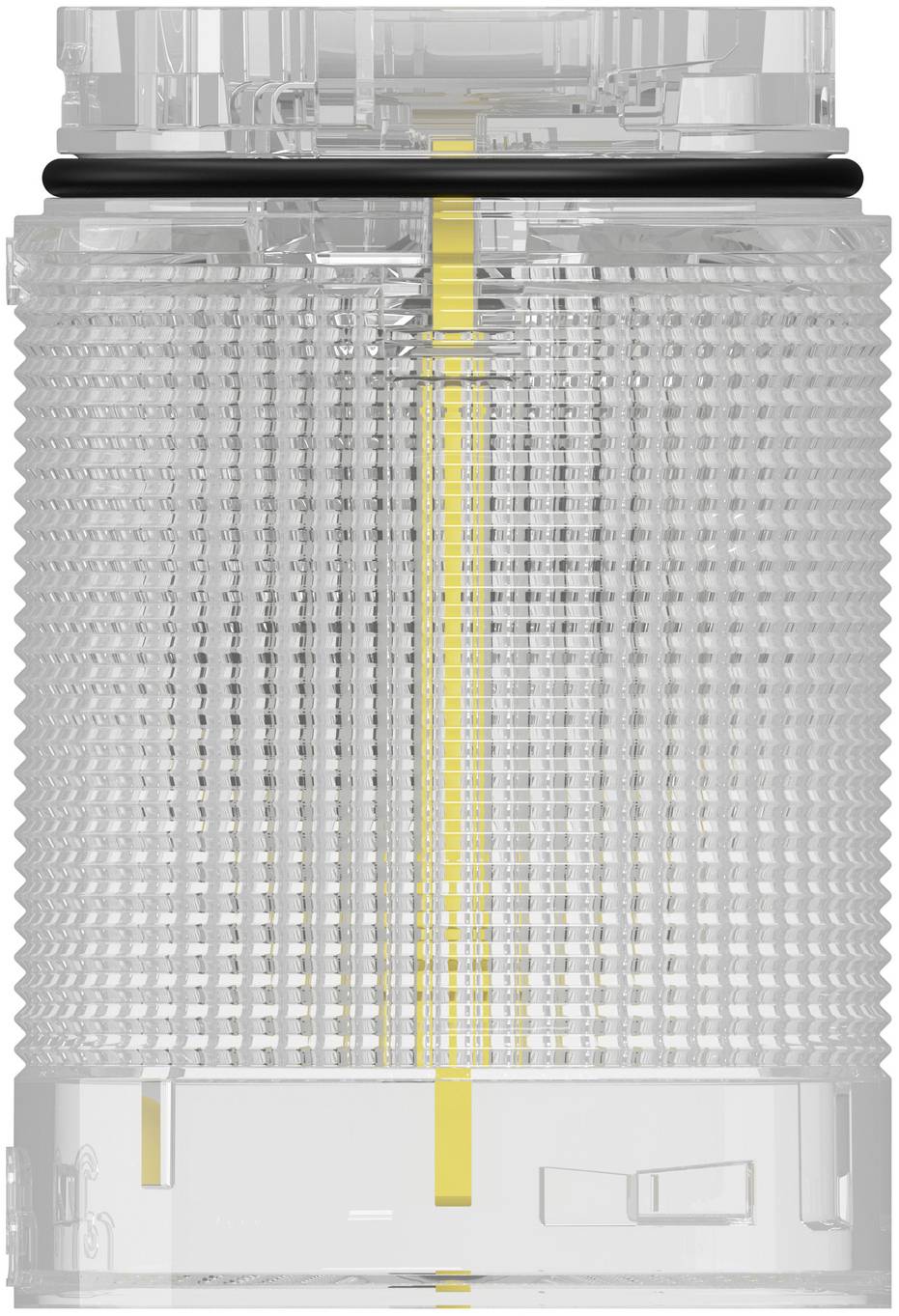 Transparentes zylindrisches Gerät mit strukturierter Außenschale und gelbem vertikalem Kern, dargestellt in einer zentrierten produktstyleartigen Ansicht.