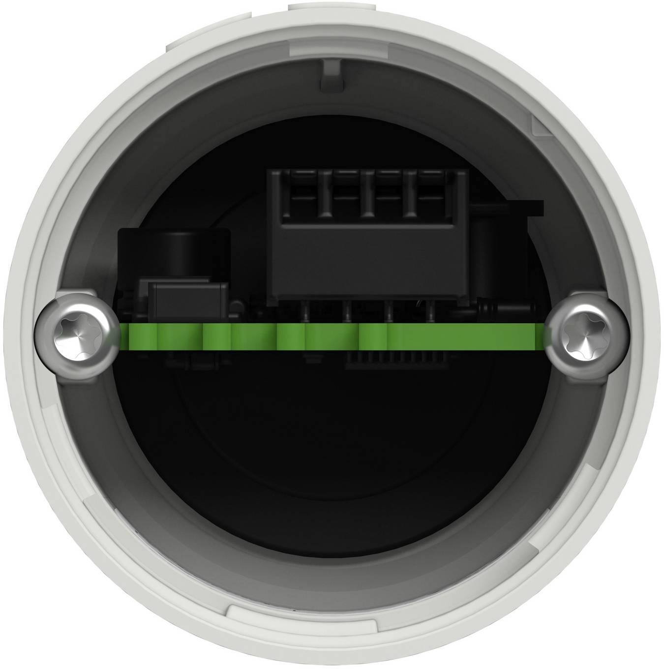 Nahaufnahme eines runden, an der Wand montierten Geräts, das sich öffnet und interne Elektronik mit einer grünen Leiterplatte zeigt, die durch zwei Schrauben gesichert ist.