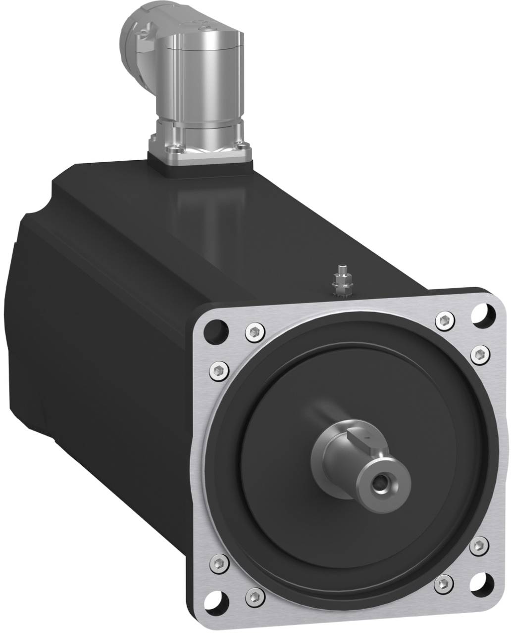 Industrieller Elektromotor mit quadratischem Vorderflansch und zentraler Welle, dargestellt in einer produktstilisierten Seitenansicht auf weißem Hintergrund.