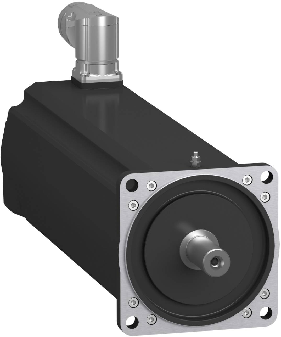 Industrieller Elektromotor mit schwarzem Gehäuse und Frontwellenmontage, auf weißem Hintergrund dargestellt.