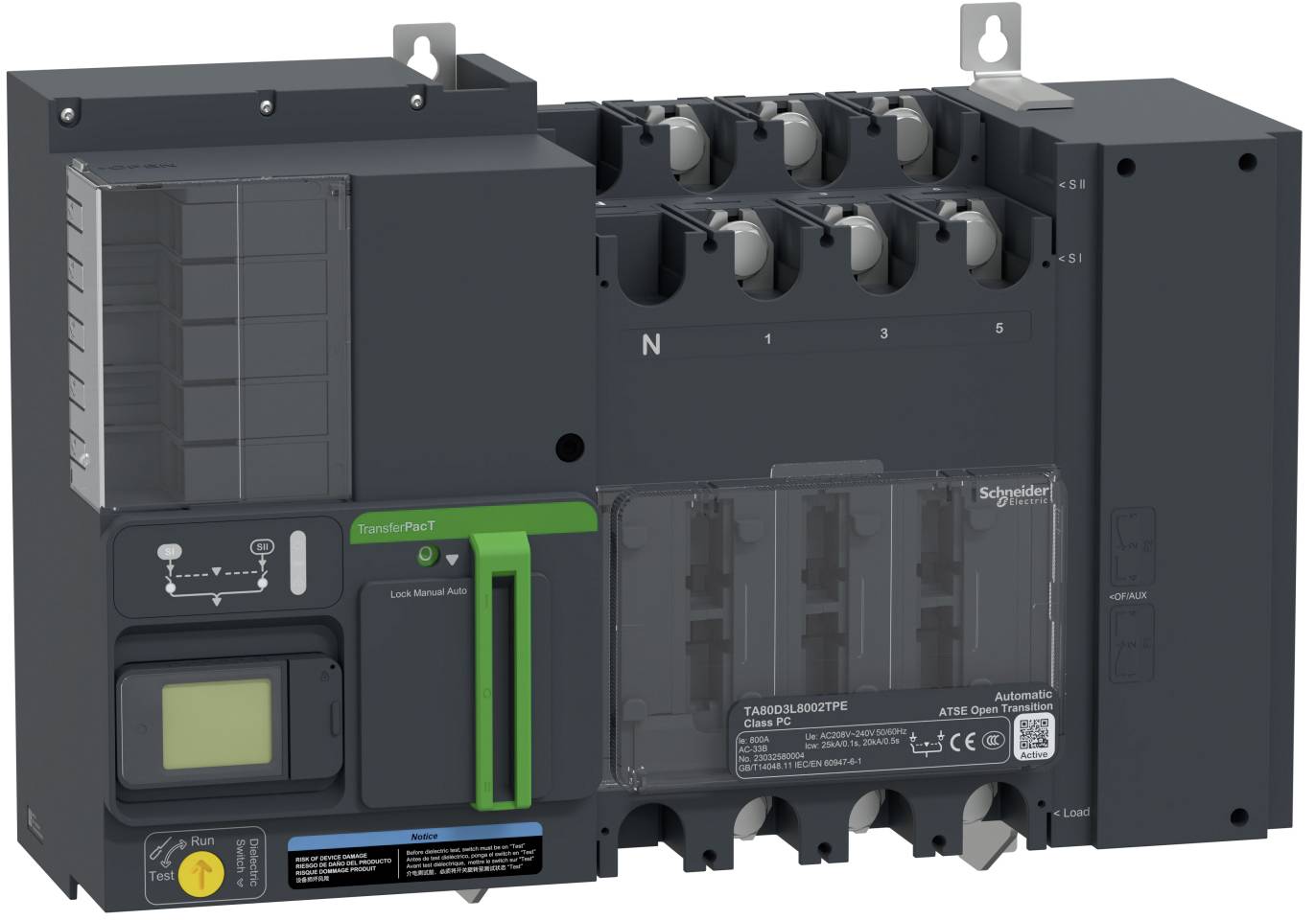 Schwarzer Schneider Electric Umschalter mit Display, Anschlüssen und durchsichtiger Schutzabdeckung, Vorderansicht auf weißem Hintergrund dargestellt.