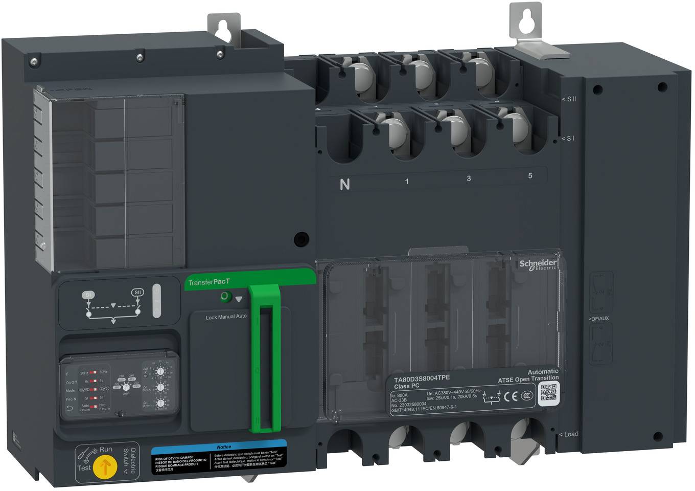 Automatischer Umschalter von Schneider Electric für Industrieanwendungen mit Bedienfeld und mehreren elektrischen Anschlüssen in einem schwarzen Gehäuse.