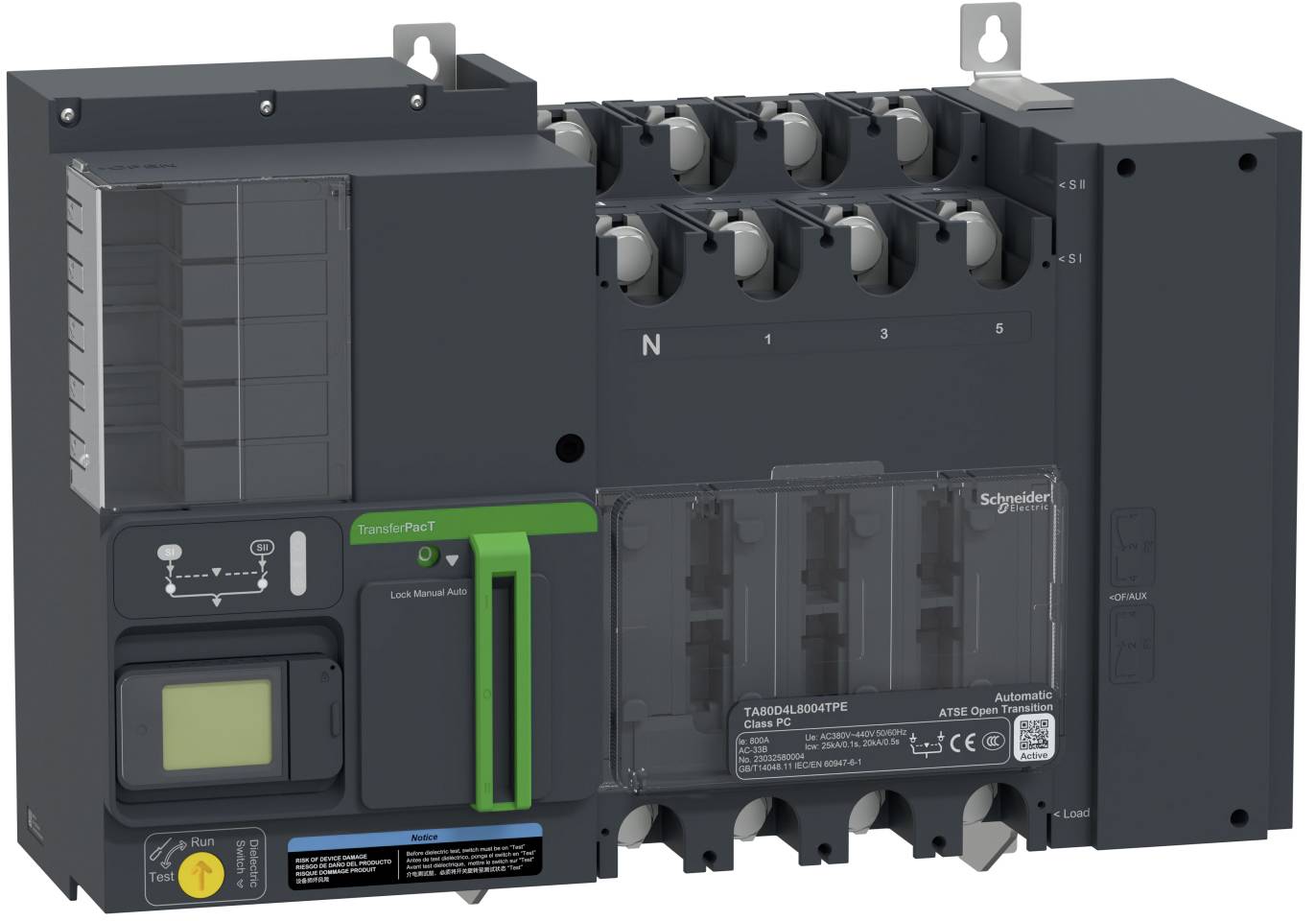 Schwarzer Schneider Electric Automatischer Umschalter mit Digitalanzeige, Bedienfeld und mehreren elektrischen Anschlüssen zum Umschalten von Stromquellen.