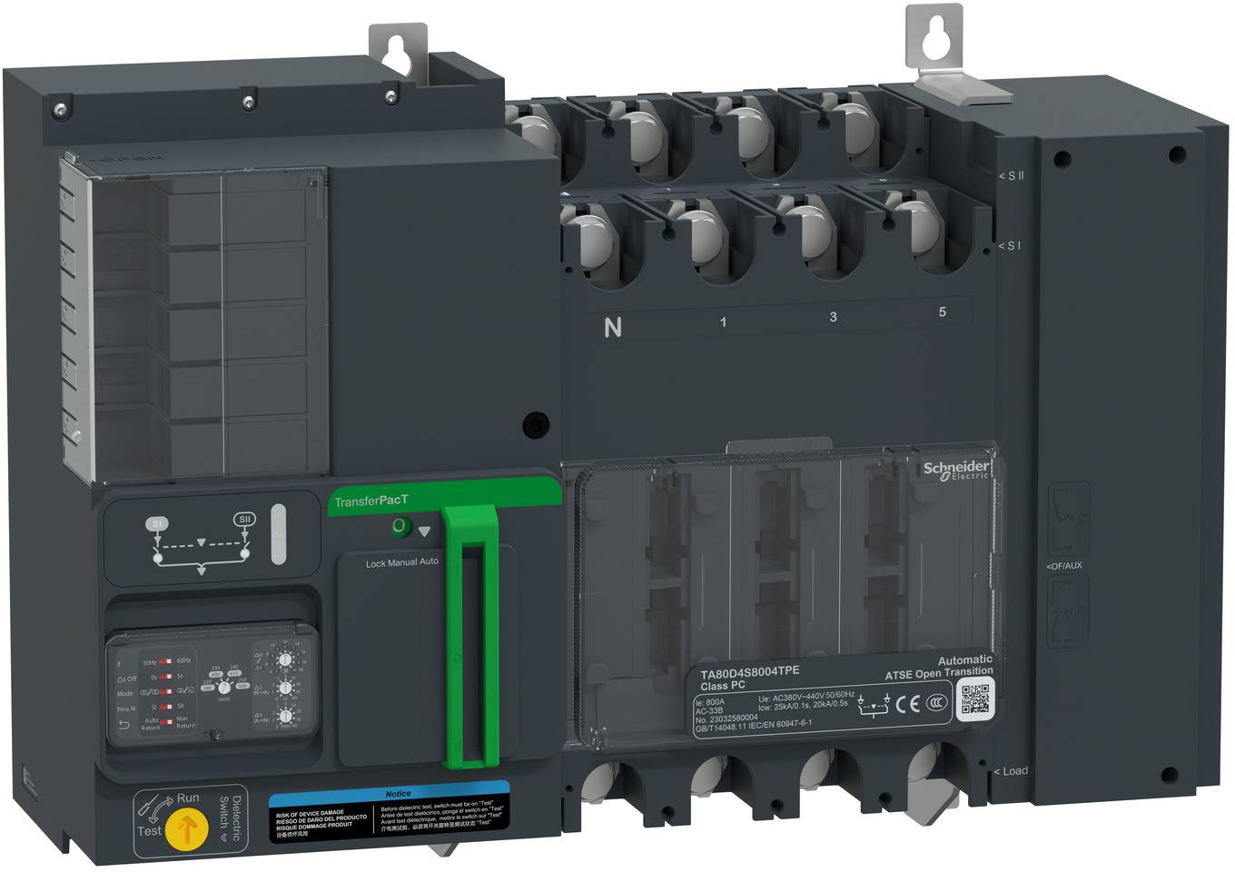 Schwarzer Schneider Electric Automatikumschalter mit sichtbaren Anschlussklemmen und Bedienfeld, verwendet zum Umschalten der Stromversorgung zwischen verschiedenen Stromquellen.