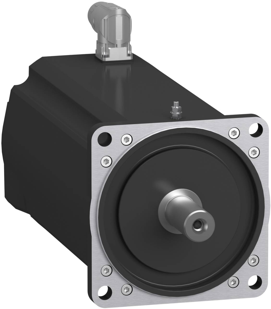 Industrieller elektrischer Servomotor mit quadratischem Frontflansch und hervorstehendem Schaft, dargestellt in einer produktstilisierten Ansicht auf weißem Hintergrund.