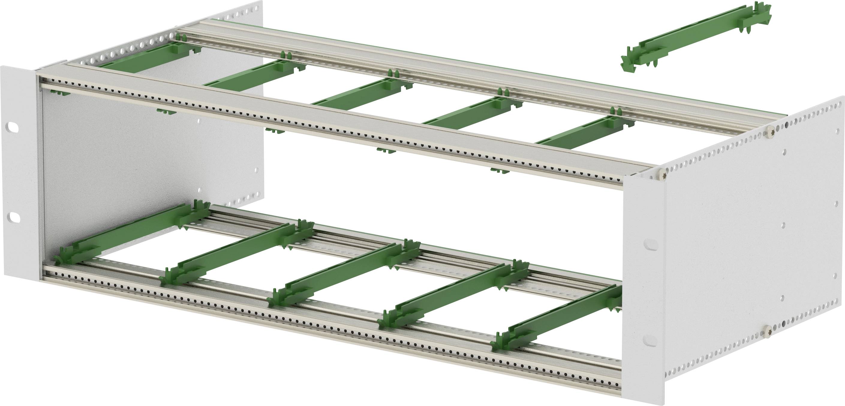 Weißes Metallregal-Gestell mit grünen Befestigungsschienen innen, dargestellt als Montagediagramm mit einer losen Schiene oben.