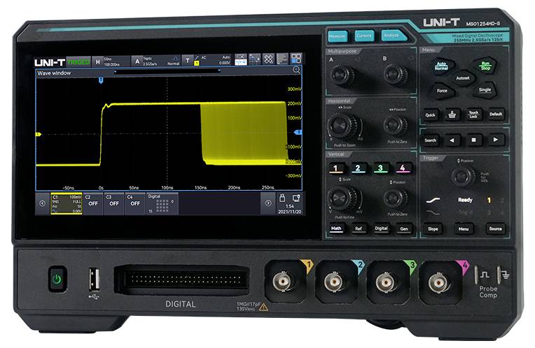Uni-T MSO1254HD-S Digital-Oszilloskop, Analog-Oszilloskop 250MHz 2.5 GSa/s 100 Mpts 12 Bit Mixed-Signal (MSO), Funktionsgenerator