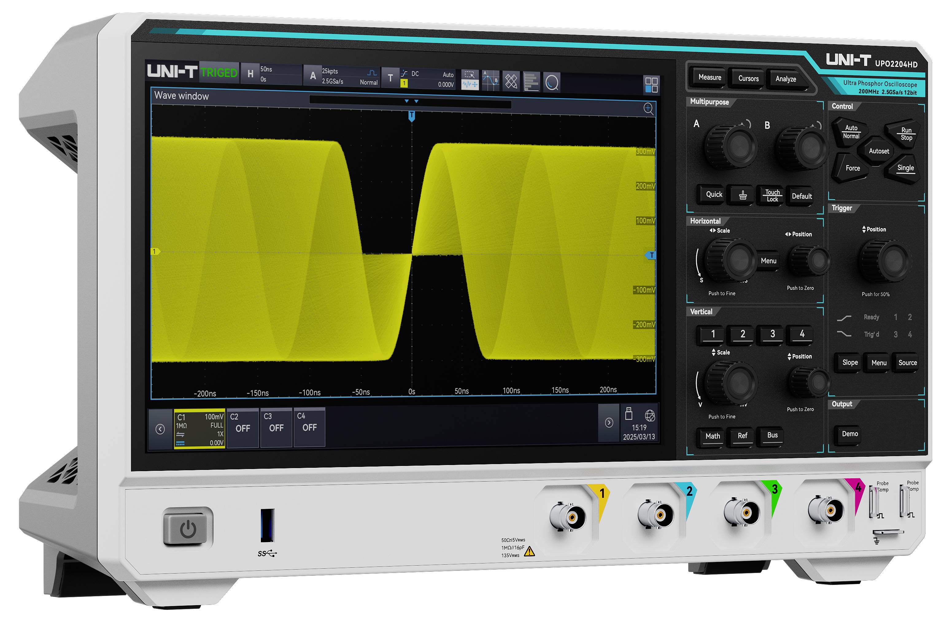 Uni-T UPO2204HD Digital-Oszilloskop 200MHz 2 GSa/s 100 Mpts 10 Bit Digital-Speicher (DSO) 1St.