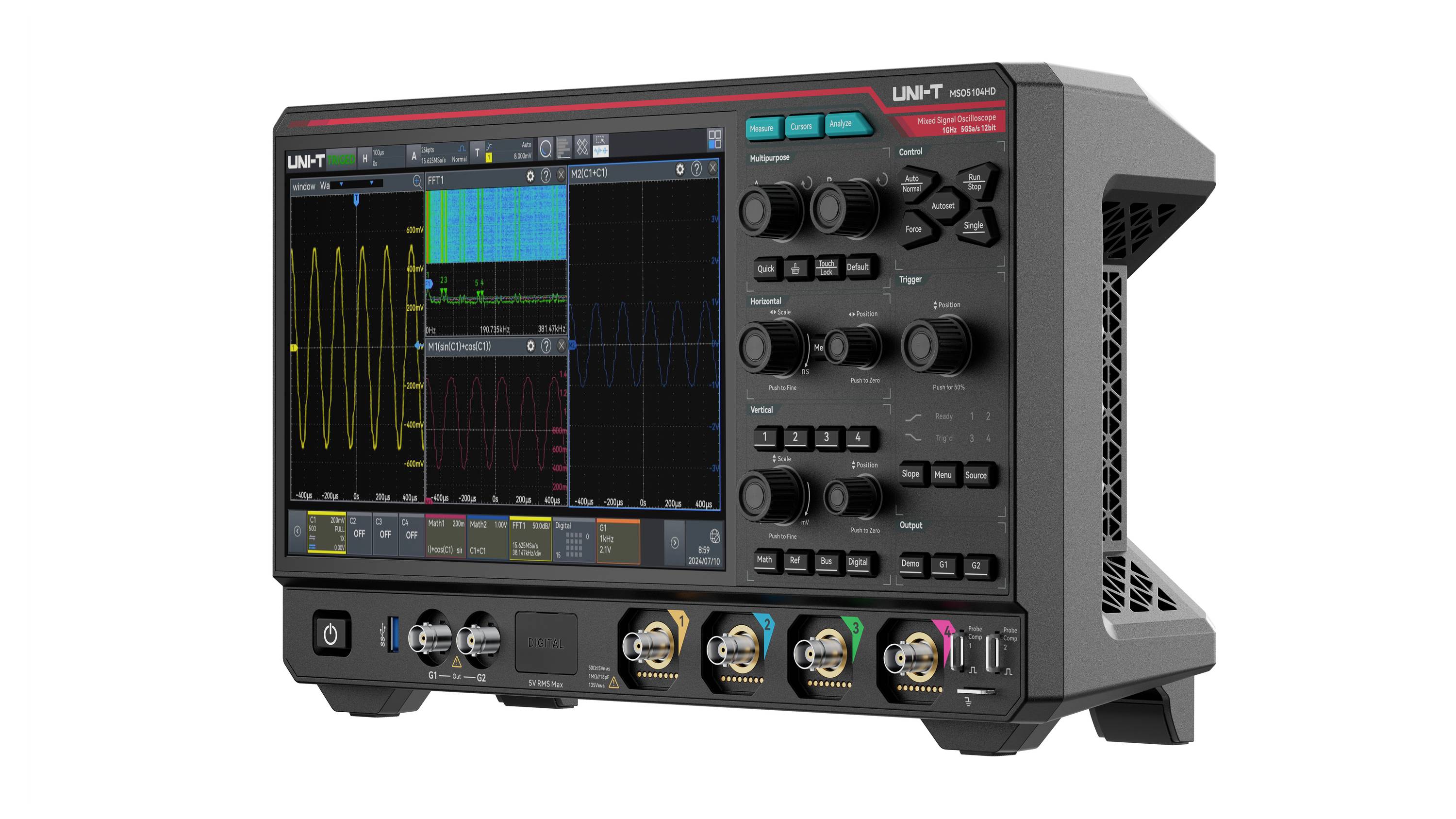 Uni-T MSO5104HD Analog-Oszilloskop, Digital-Oszilloskop 1GHz 5 GSa/s 500 Mpts 12 Bit Mixed-Signal (MSO), Spectrum-Analyser 1St.