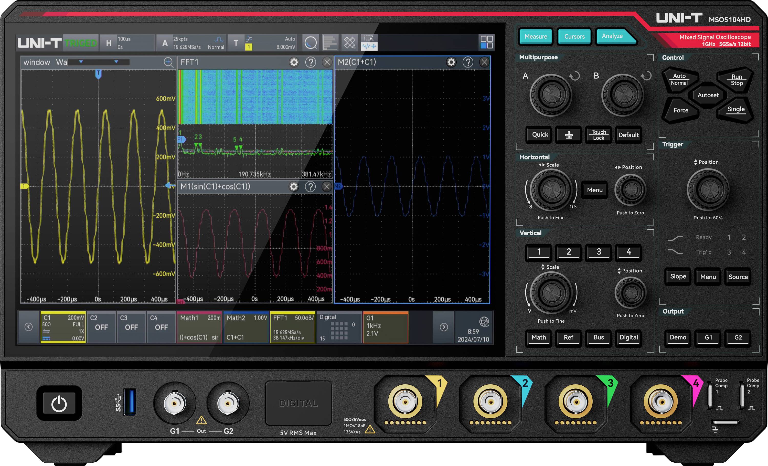 UNI-T MSO-Serie Digital-Oszilloskop zeigt mehrere Wellenformen und FFT-/Spektrumansichten auf dem Bildschirm, mit Frontpanel-Drehreglern und Eingabekanälen darunter.