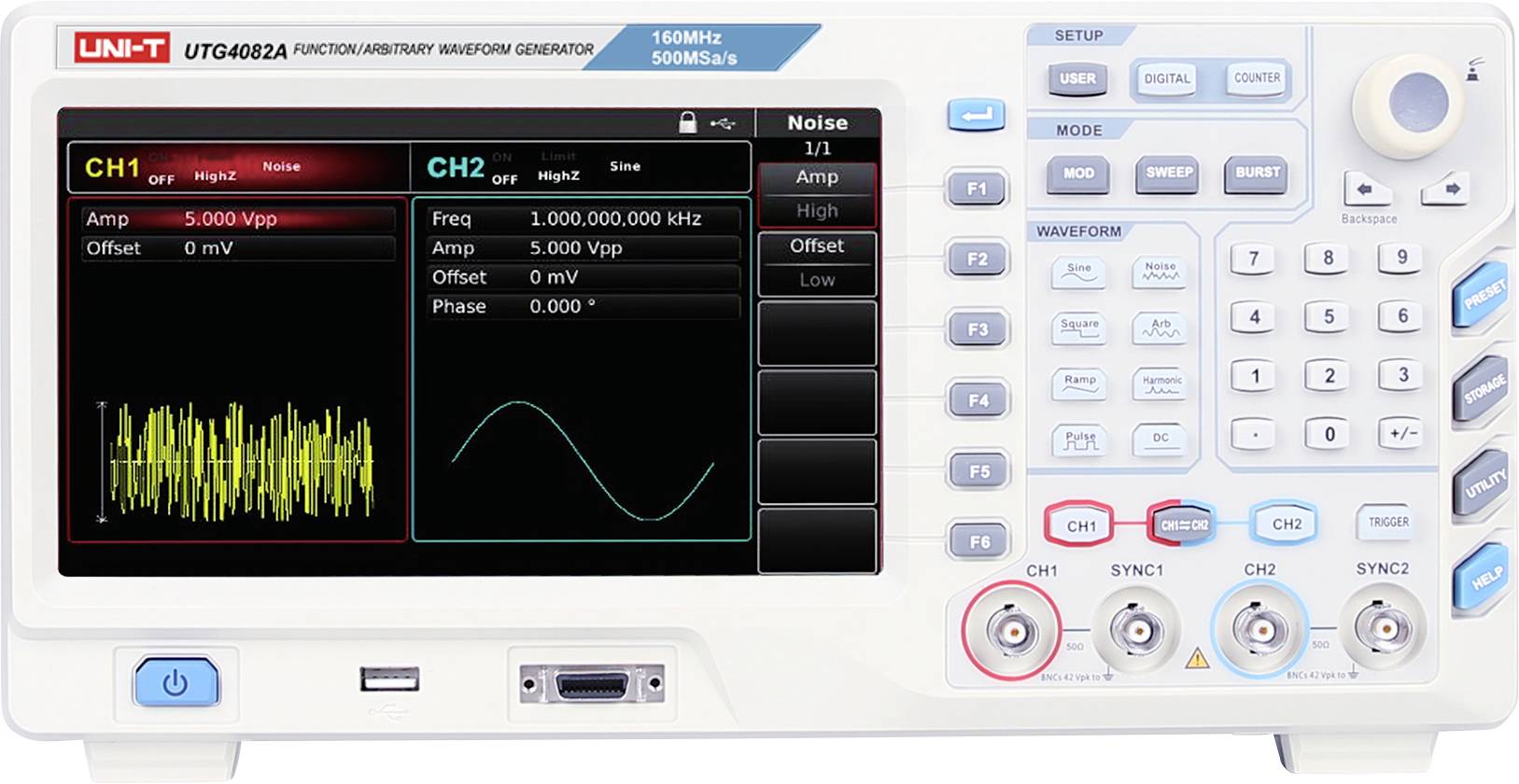 UNI-T UTG4082A Funktions-/Arbiträrgenerator zeigt CH1-Rauschausgang und CH2-Sinuswellen-Einstellungen mit Bildschirm-Frequenz-, Amplituden- und Offset-Steuerelementen sowie Vorderseiten-Kanaltasten.