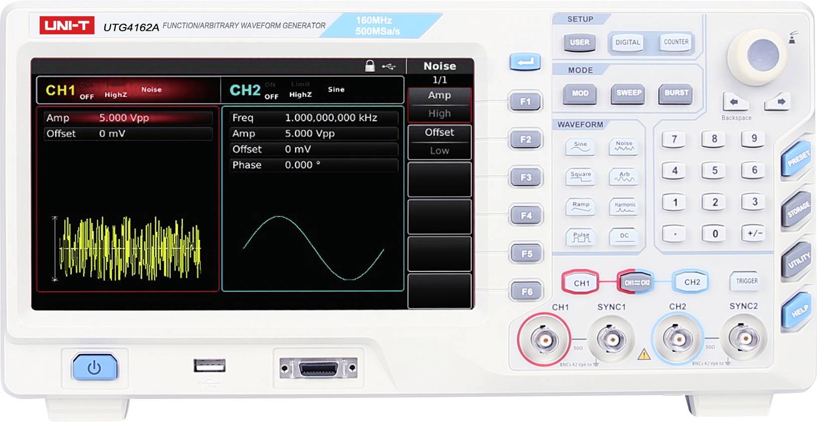 Frontplatte eines UNI-T Funktions-/Arbiträrsignalgenerators mit CH1 auf Rauschen und CH2 auf Sinus eingestellt, mit Frequenz-, Amplituden- und Phasenreglern sowie Ausgangsklemmen.
