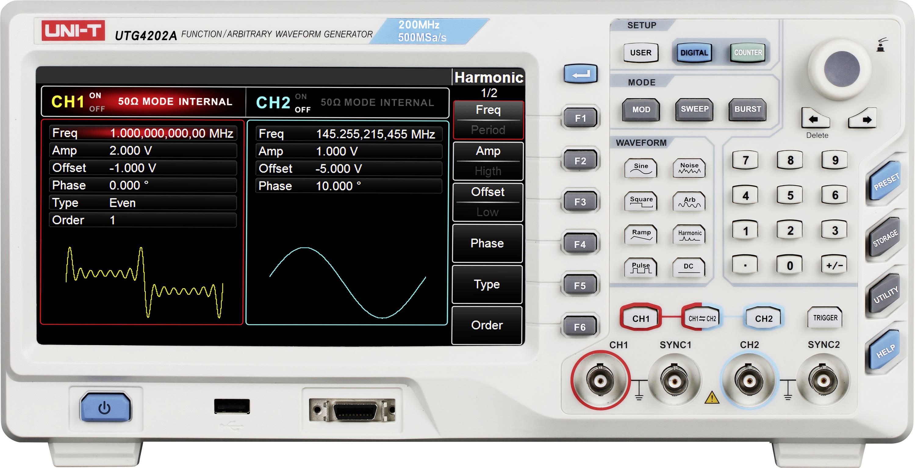 Vorderansicht eines UNI-T UTG4024 Funktionsgenerators mit Dual-Channel-Einstellungen und Wellenformdarstellungen auf dem Bildschirm, wobei CH1 rot und CH2 blau hervorgehoben sind.