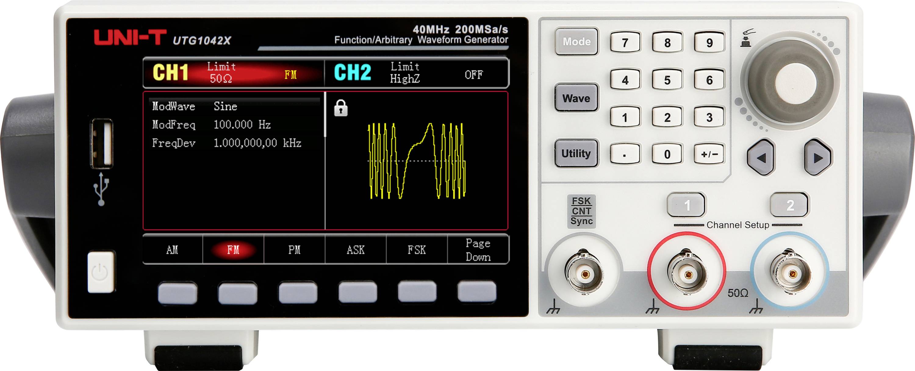 Frontplatte eines digitalen Funktions-/Arbiträrwellformgenerators mit Einstellungen für CH1 und CH2, Wellformanzeigedisplay, Tastatur und drei Ausgangsbuchsen, wobei die mittlere Buchse rot hervorgehoben ist.