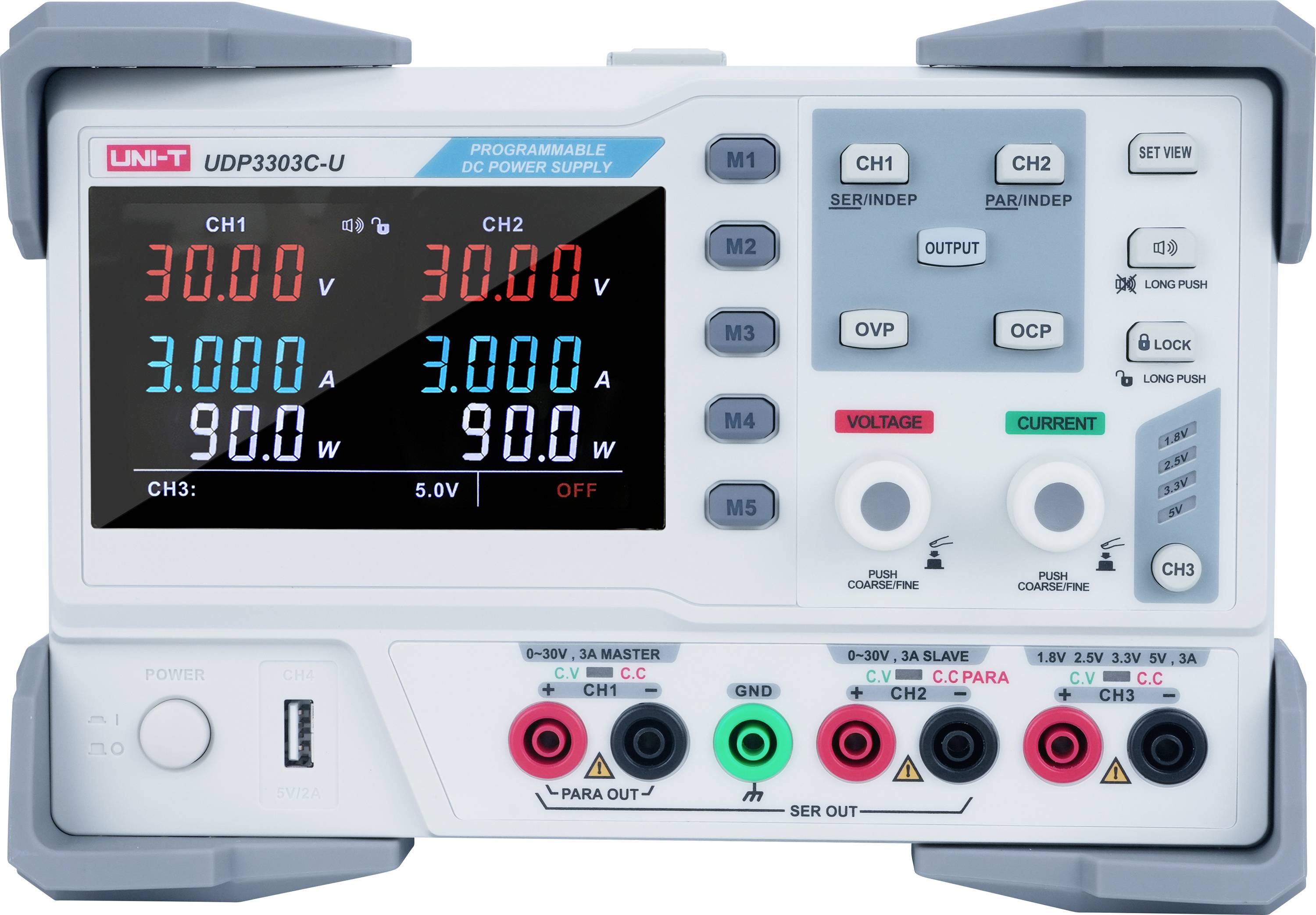 Tragbare programmierbare DC-Stromversorgung mit drei Kanälen, wobei CH1 und CH2 auf 30,00V und 3,00A eingestellt sind und CH3 auf 5,0V aus.