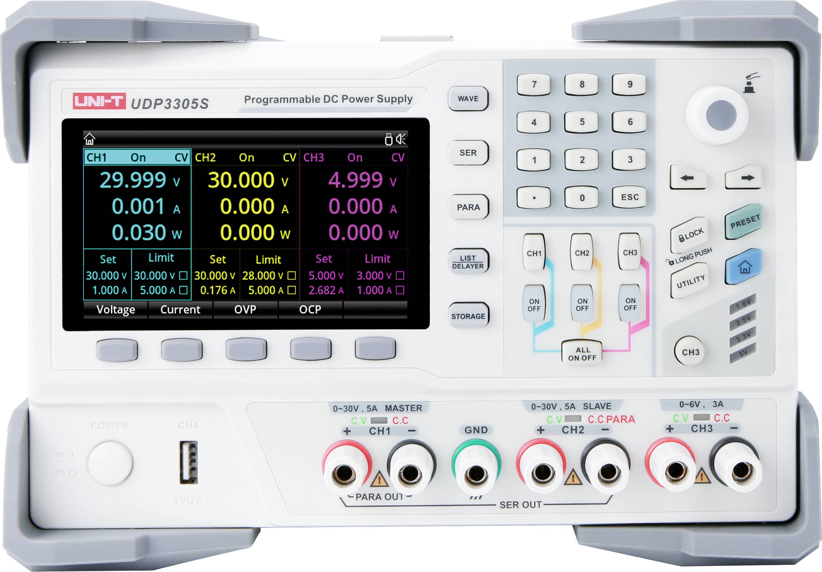 Frontansicht eines UNI-T UDP3305S programmierbaren Gleichstromnetzteil mit Display, Tastenfeld, Bedienknöpfen und drei Ausgangskanälen.