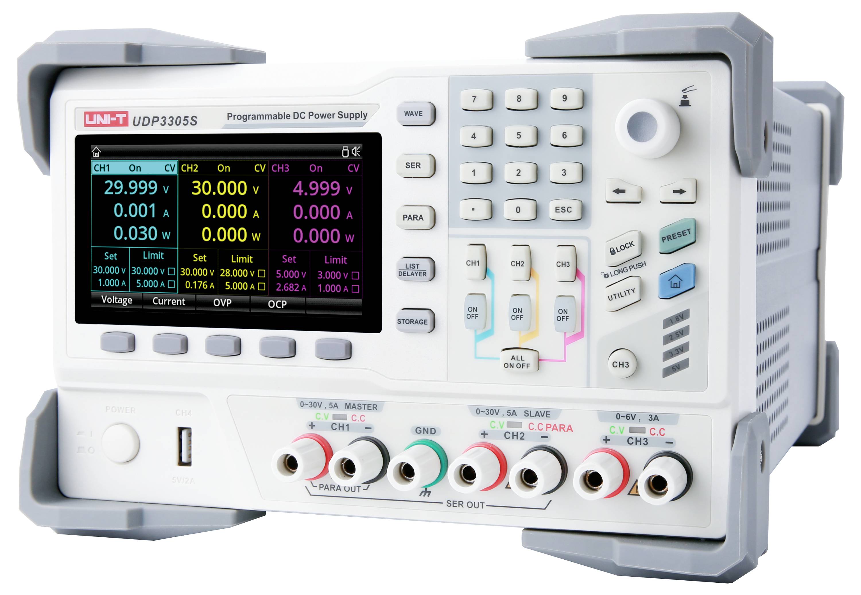Uni-T UDP3305S Labornetzgerät, einstellbar 0 - 32V 0mA - 5A 348W USB-Host, USB-Device, LAN, RS-232 fernsteuerbar, programmierbar