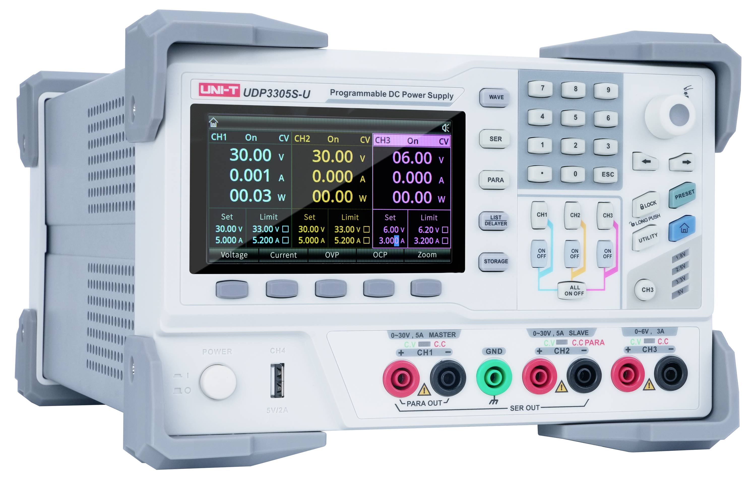 Uni-T UDP3305S-U Labornetzgerät, einstellbar 0 - 32V 0 - 5A 348W USB-Device, USB-Host, RS-232, LAN fernsteuerbar, programmierbar