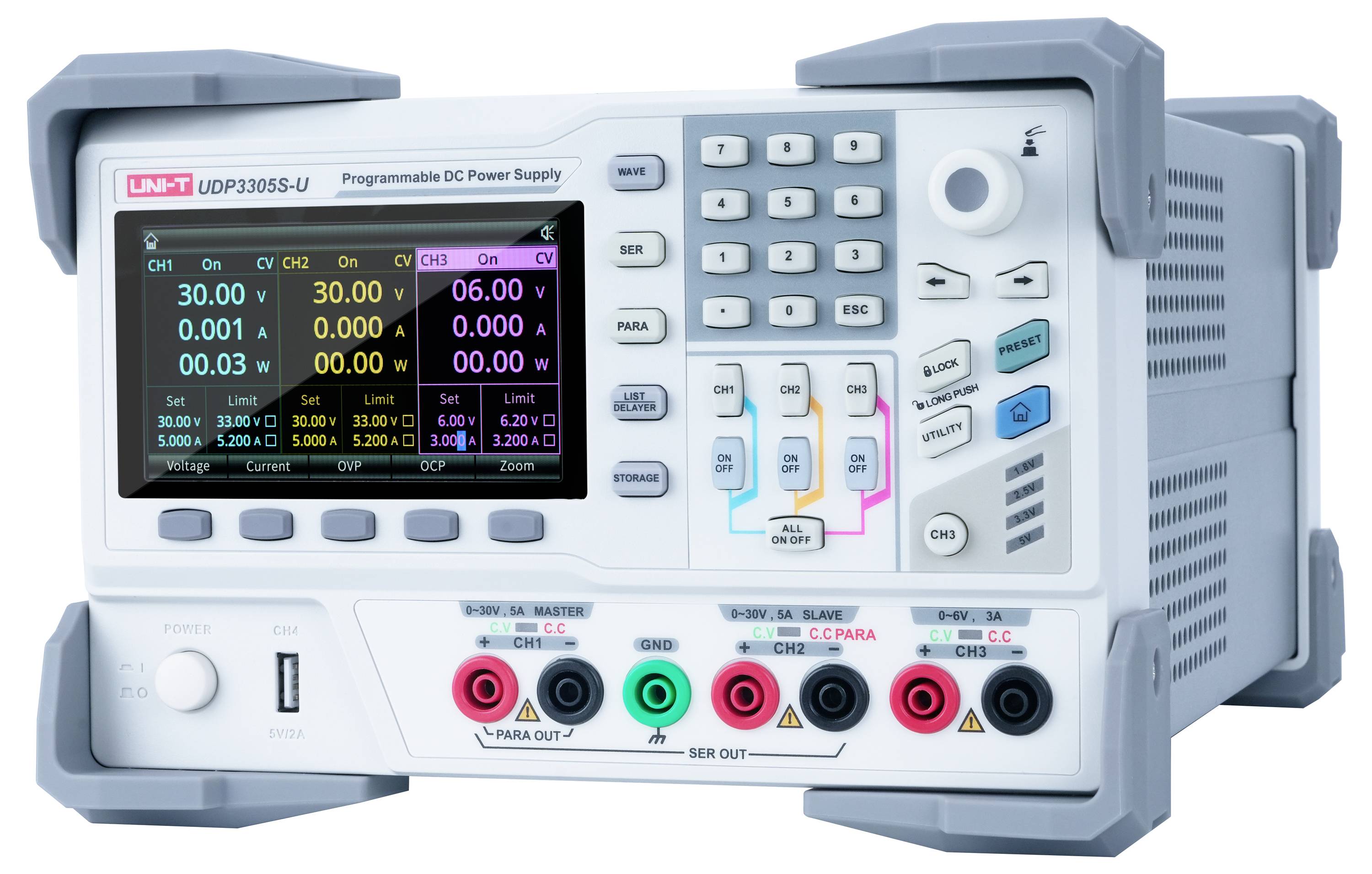 Uni-T UDP3305S-U Labornetzgerät, einstellbar 0 - 32V 0 - 5A 348W USB-Device, USB-Host, RS-232, LAN fernsteuerbar, programmierbar