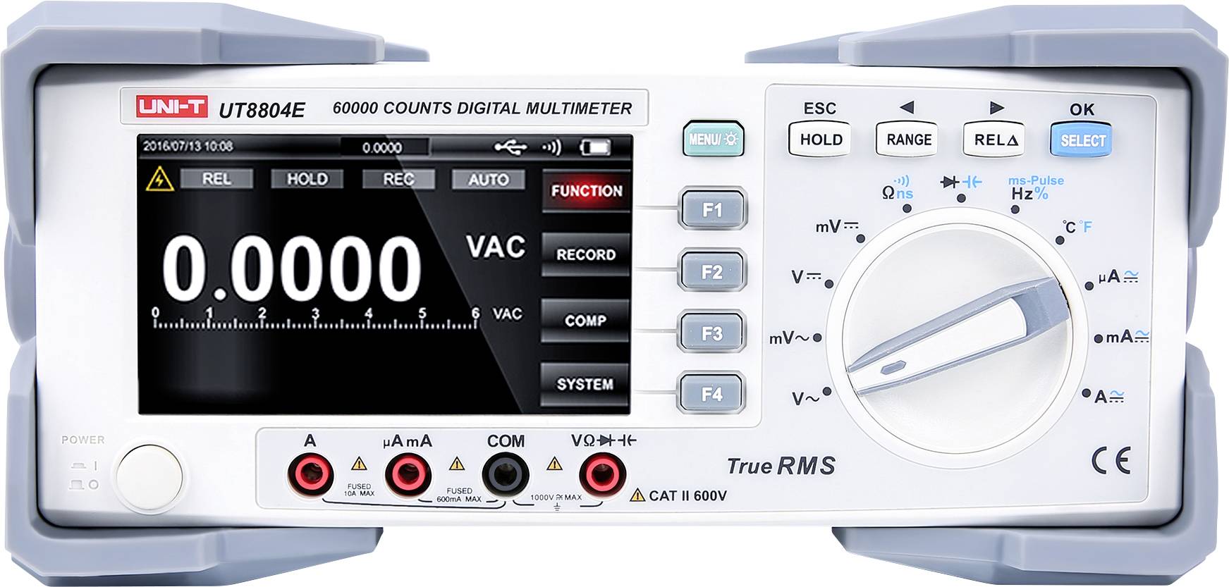 UNI-T UT8804E digitales Multimeter zeigt 0.0000 VAC auf seinem Display an, mit sichtbarem Drehwahlschalter und Eingangsbuchsen.