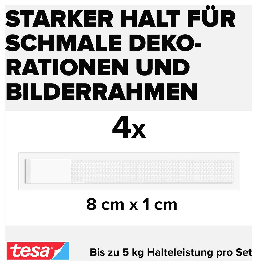 Werbeabbildung für tesa Montagestreifen mit der Aufschrift „Starker Halt für schmale Dekorationen und Bilderrahmen