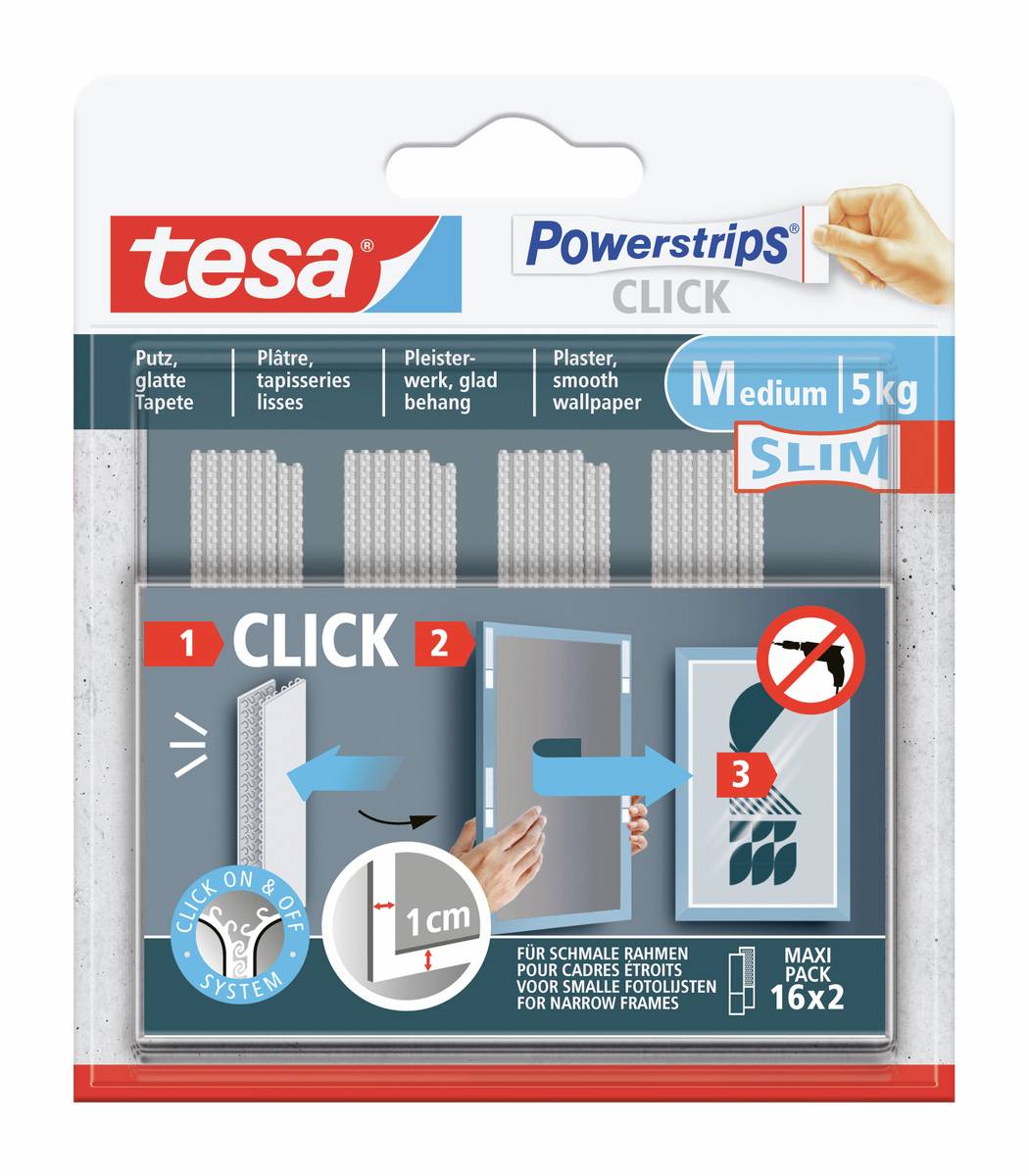 Verpackung für tesa Powerstrips Click, zeigt schlanke mittlere 5kg-Klebestreifen und 3-Schritt-Anleitung zum Aufhängen schmaler Rahmen auf glatten Wänden.