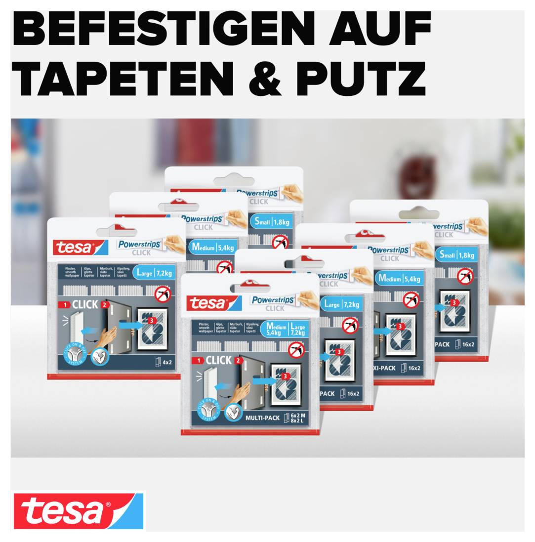 tesa Powerstrips Haken-Sets zur Verwendung auf Tapeten und Putz, dargestellt in mehreren Größen unter der Überschrift „BEFESTIGEN AUF TAPETEN & PUTZ