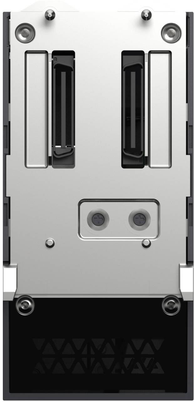 Vorderansicht eines metallischen elektronischen Moduls mit zwei vertikalen Schlitzen, Schrauben und einem schwarz belüfteten unteren Bereich.
