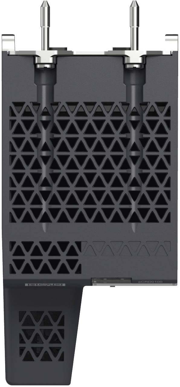 Schwarze elektronische Komponente mit einem großen dreieckigen Gitterlüftungsmuster und zwei silbernen Anschlussposten oben, vor einem weißen Hintergrund dargestellt.