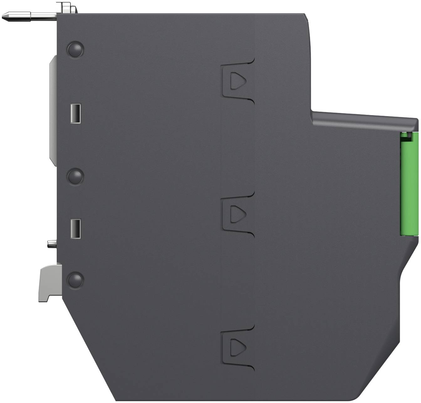 Dunkelgrauer elektronischer Stecker oder Relaismodul mit Metallstiften auf der linken Seite und einer sichtbaren grünen internen Komponente auf der rechten Seite, abgebildet auf weißem Hintergrund.