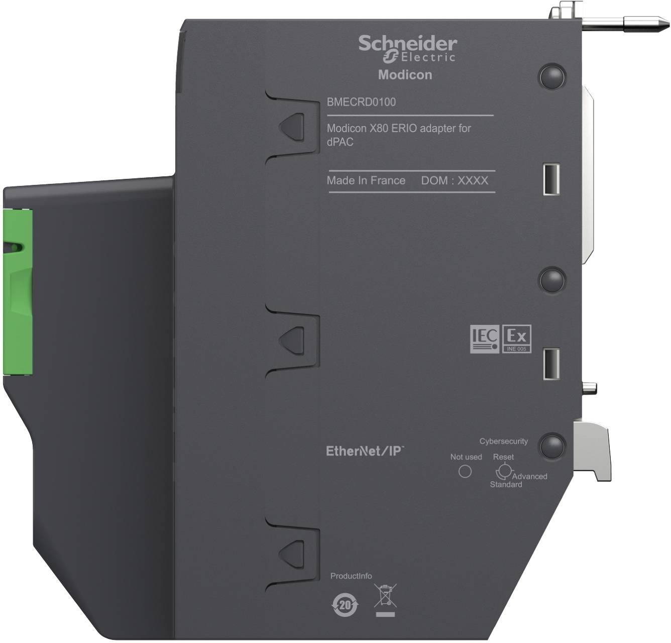 Schneider Electric Modicon X80 ERIO-Adapter für dPAC-Modul, gekennzeichnet mit EtherNet/IP, mit industriellen Anschlussports und Statusmarkierungen.