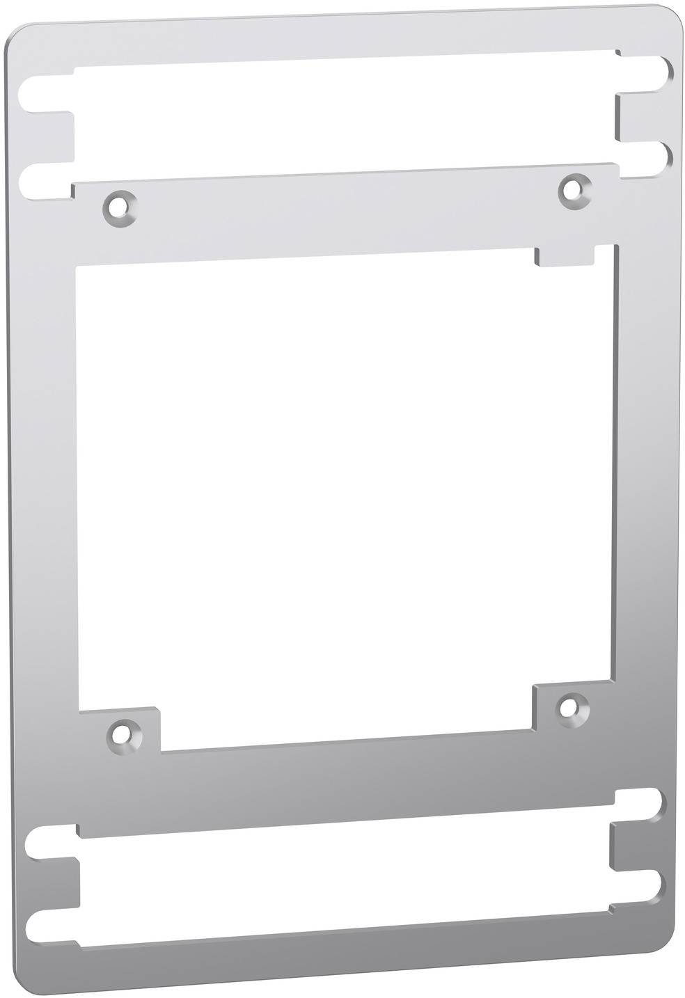 Silbernes Metallmontageelement mit großem quadratischem Ausschnitt und vier Schraubenlöchern, dargestellt vor einem einfachen weißen Hintergrund.