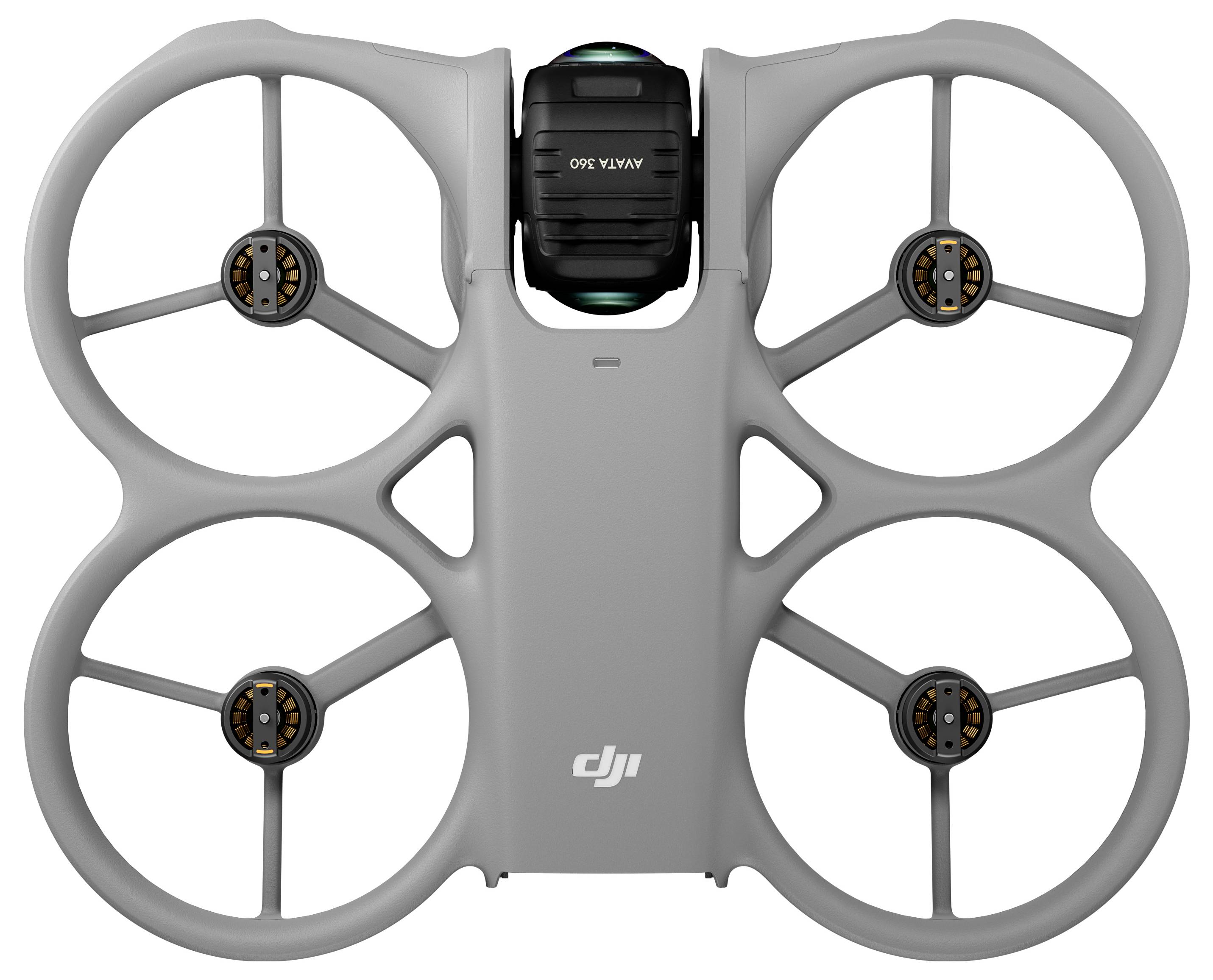 Grauer DJI-Quadcopter mit vier Schutzvorrichtungen für Ducted-Propeller und einem zentralen Kameramodul, von oben auf weißem Hintergrund dargestellt.