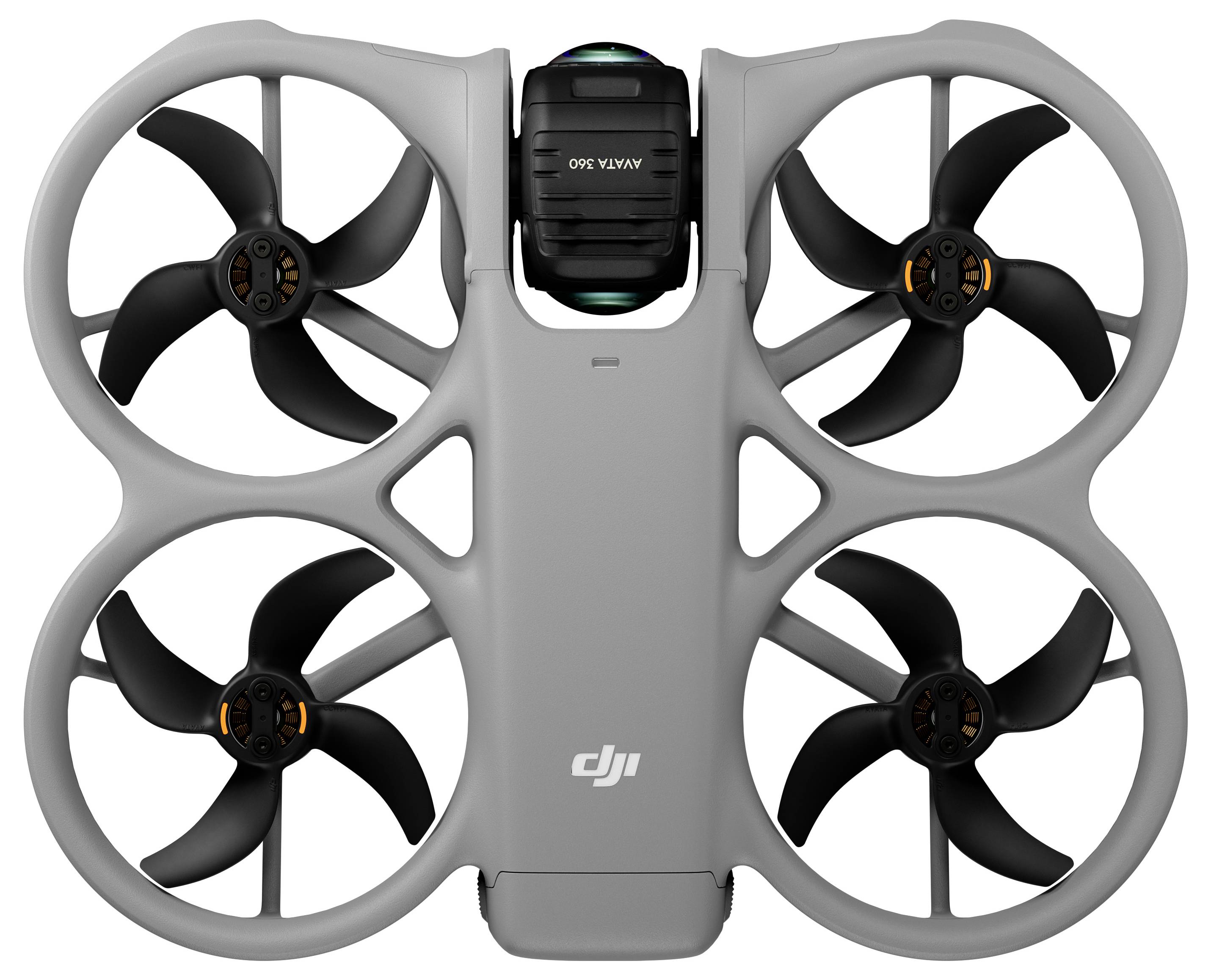Draufsicht auf eine graue DJI-Quadcopter-Drohne mit vier umschlossenen Propellern und einem zentralen Kameramodul.