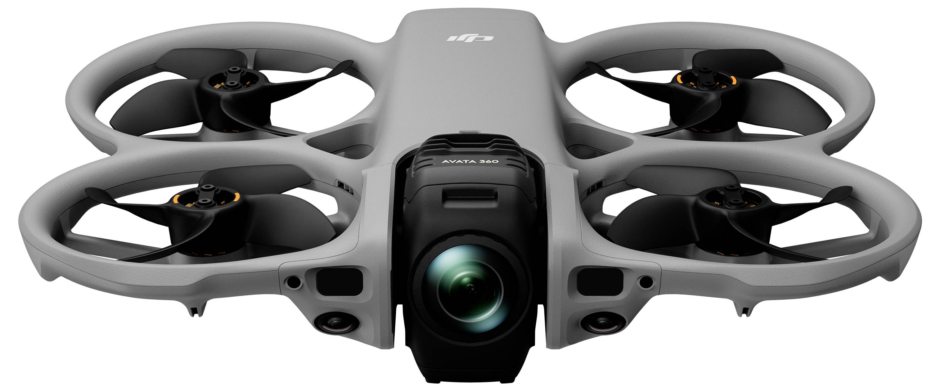 Vorderansicht einer grauen Quadcopter-Drohne mit vier geschlossenen Propellern und einer zentralen Kameralinse.