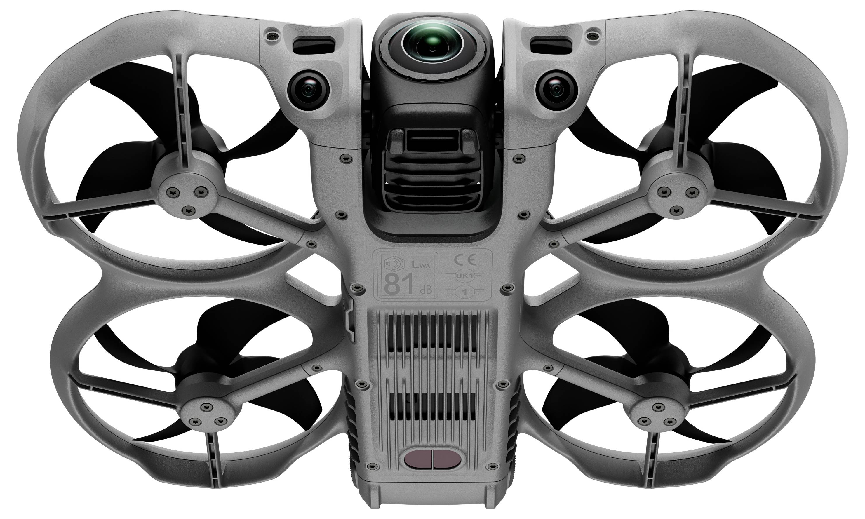Vorderansicht einer grauen Quadcopter-Drohne mit vier Propellerschutzkörben und einer zentralen Kameralinse, dargestellt auf weißem Hintergrund.