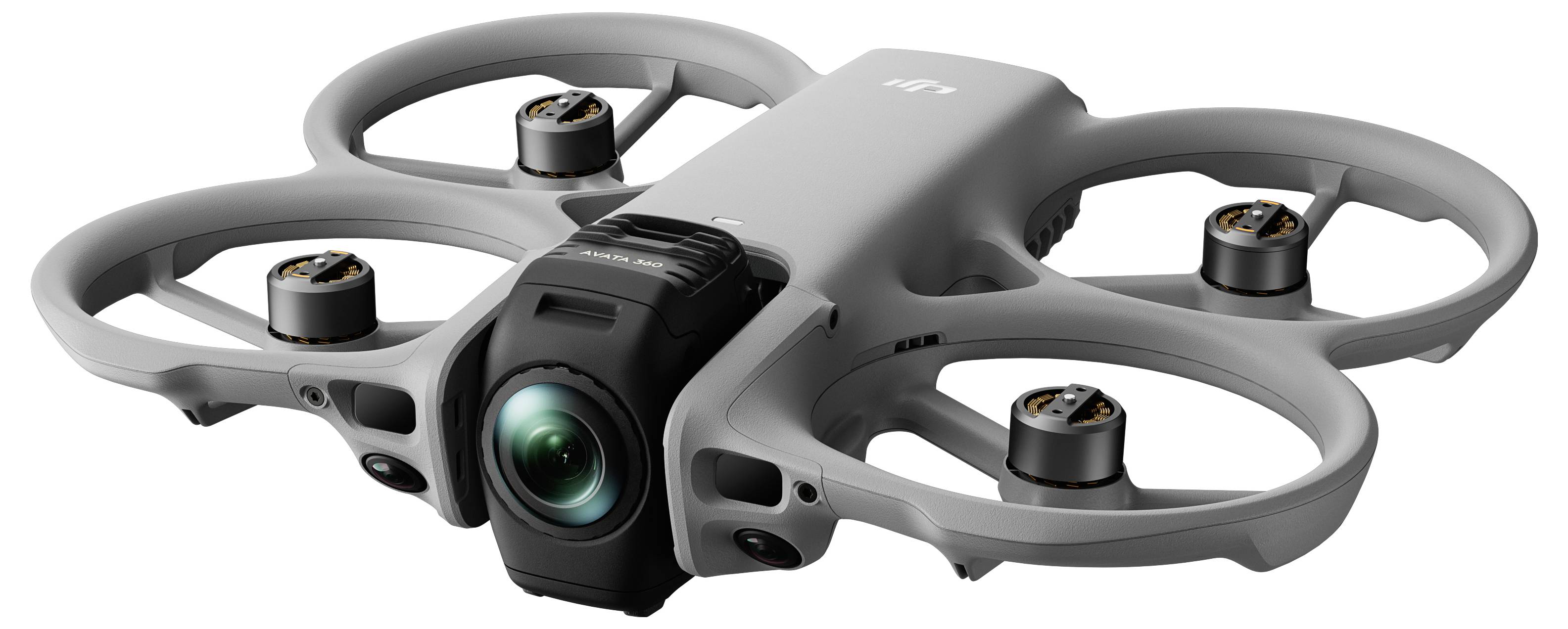 Grauer Quadcopter-Drohne mit vier Propellerschutzvorrichtungen und einer frontal montierten Kamera, perspektivisch auf weißem Hintergrund dargestellt.
