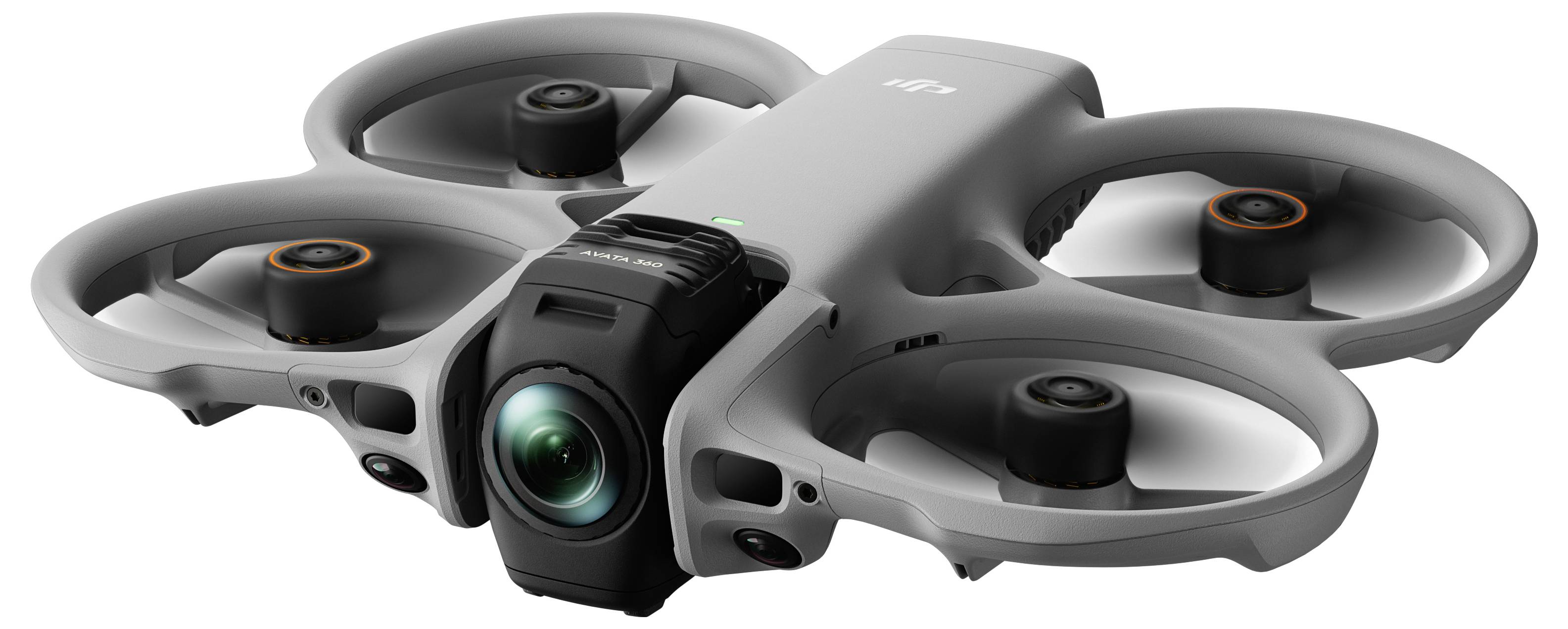 Graue DJI FPV-Drohne mit eingebauter Frontkamera und vier kreisförmigen Propellerschutzen, abgebildet auf weißem Hintergrund.