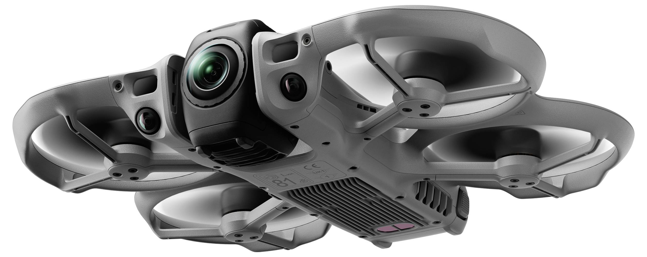 Unteransicht einer grauen Quadcopter-Drohne mit vier Propellerschutzkörben und einem zentralen Kameramodul.