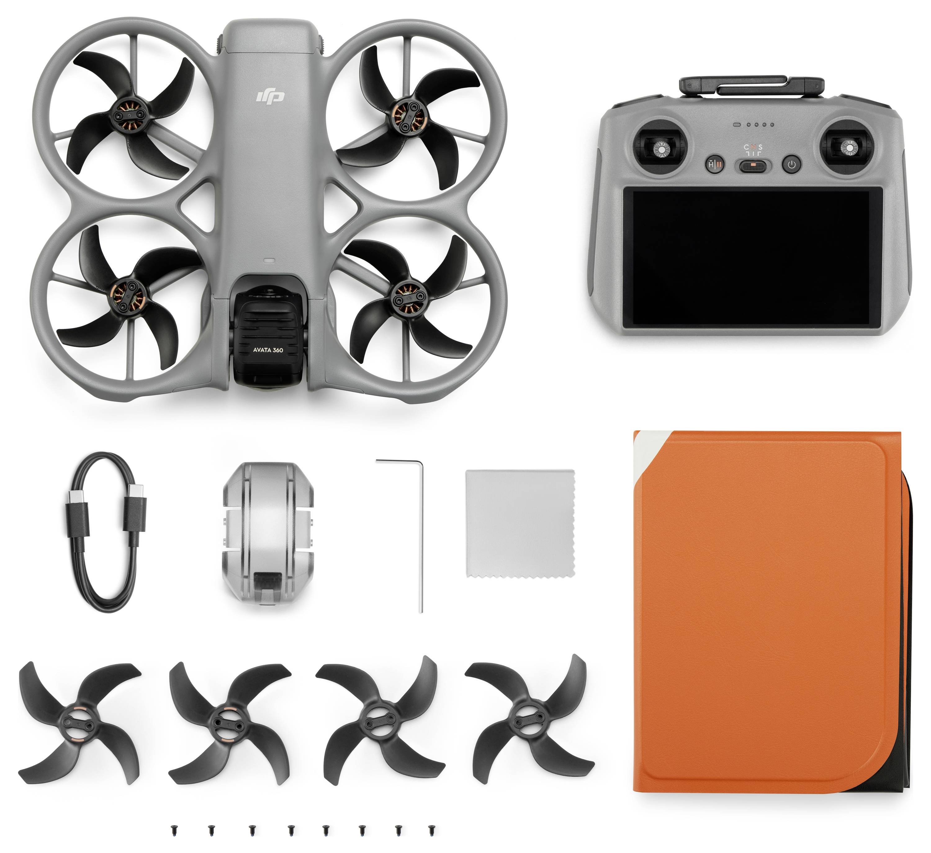 Faltbarer DJI-Drohnen-Kit mit Drohnenkörper, Fernsteuerung, Kabel, Ersatzpropellern, Schrauben, Werkzeug und orange Transportkoffer.