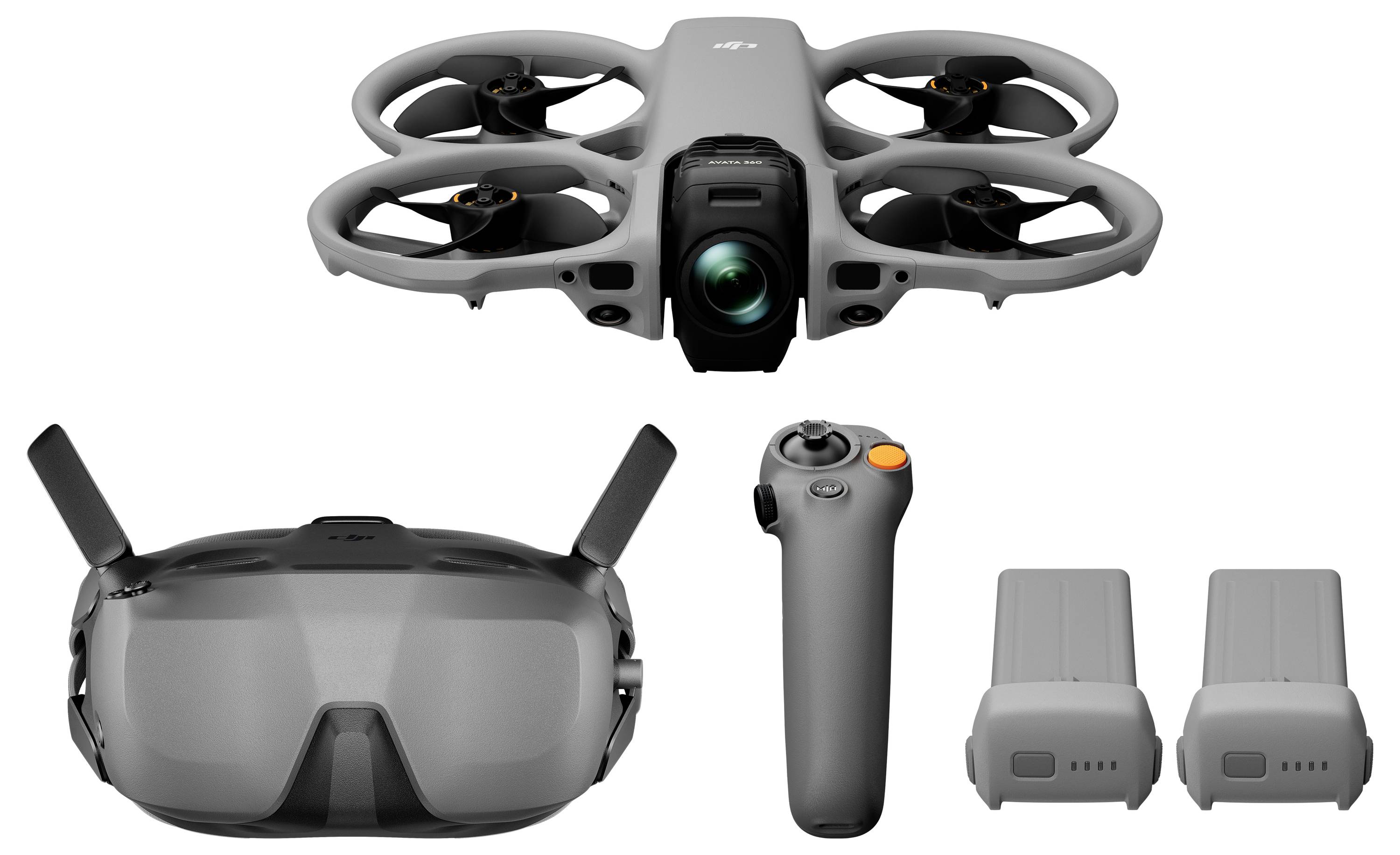Kompaktes Drohnen-Set mit Quadcopter-Kameradrohne, FPV-Brille, tragbarem Steuergerät und zwei Batterien auf weißem Hintergrund.