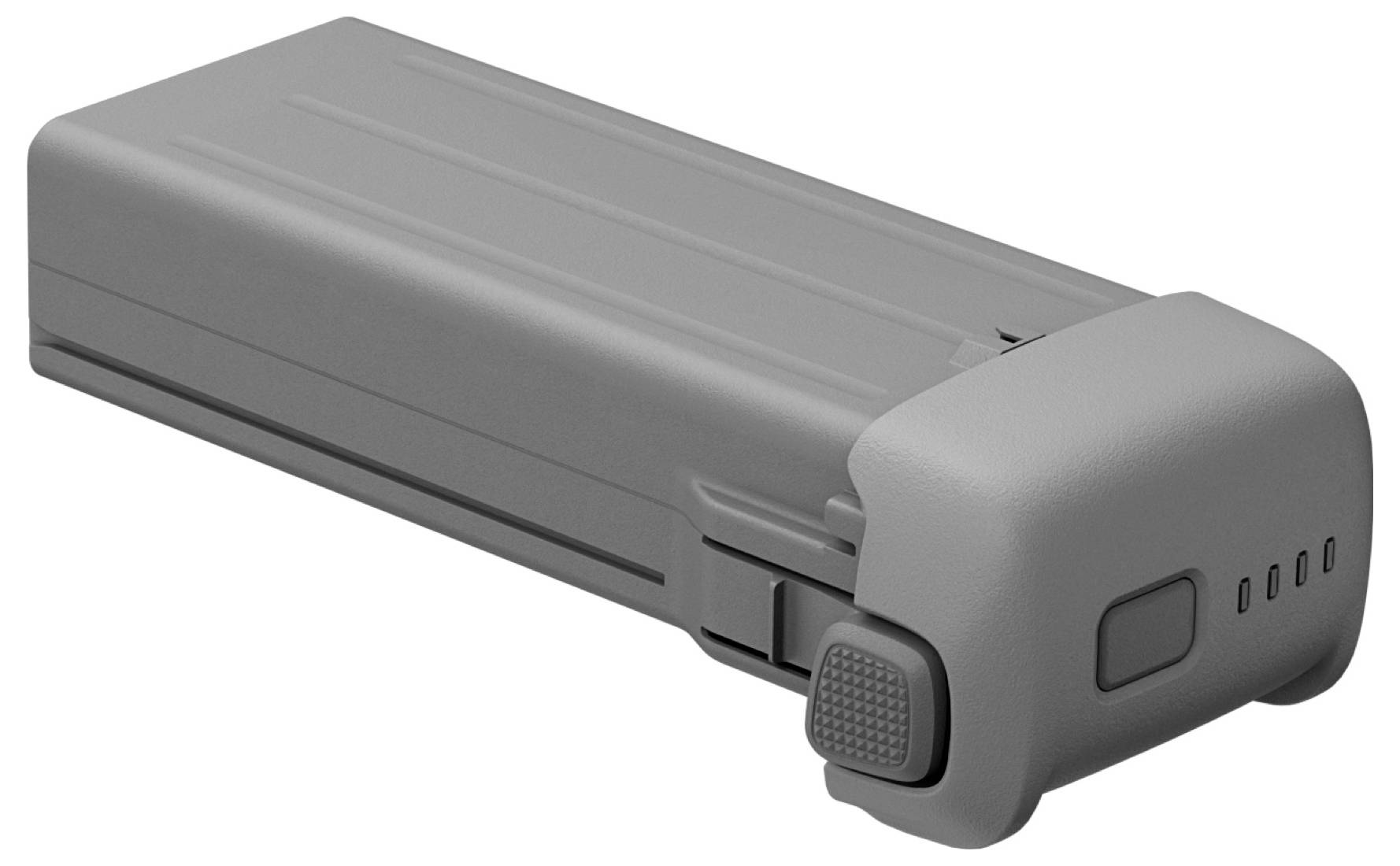 Graues wiederaufladbares Batteriepack mit rechteckigem Gehäuse und Endkappe, in Perspektive auf weißem Hintergrund dargestellt.
