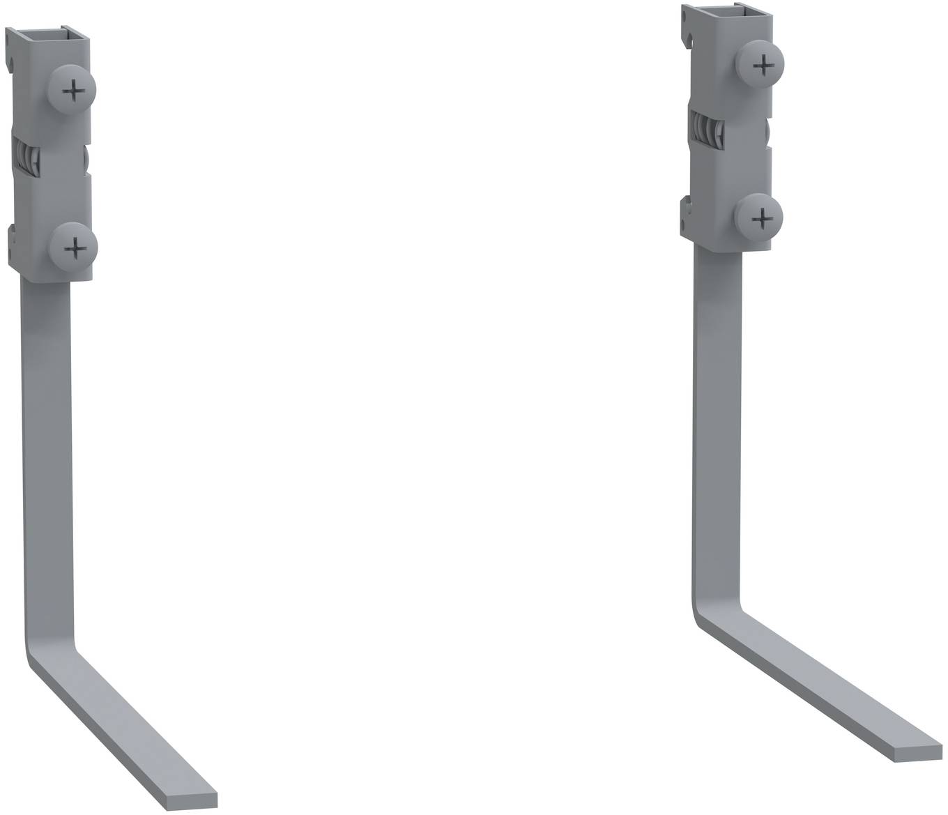 Zwei graue Metallwinkelhalterungen in L-Form mit Schraubenbefestigungen, nebeneinander auf weißem Hintergrund dargestellt.