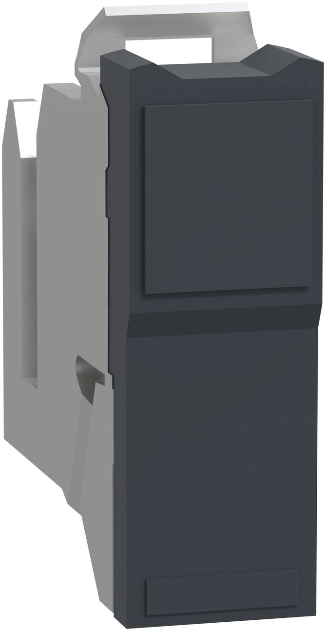 Nahaufnahme eines schwarzgrauen elektrischen Schalters oder Leistungsschaltermoduls mit einem erhöhten Griff oben und einer leeren Frontplatte.