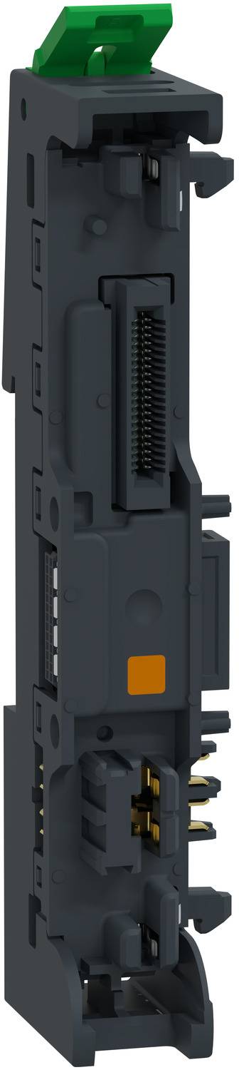 Schwarzes Elektrosteckermodul mit grüner Verriegelung, in Seitenansicht auf weißem Hintergrund dargestellt.
