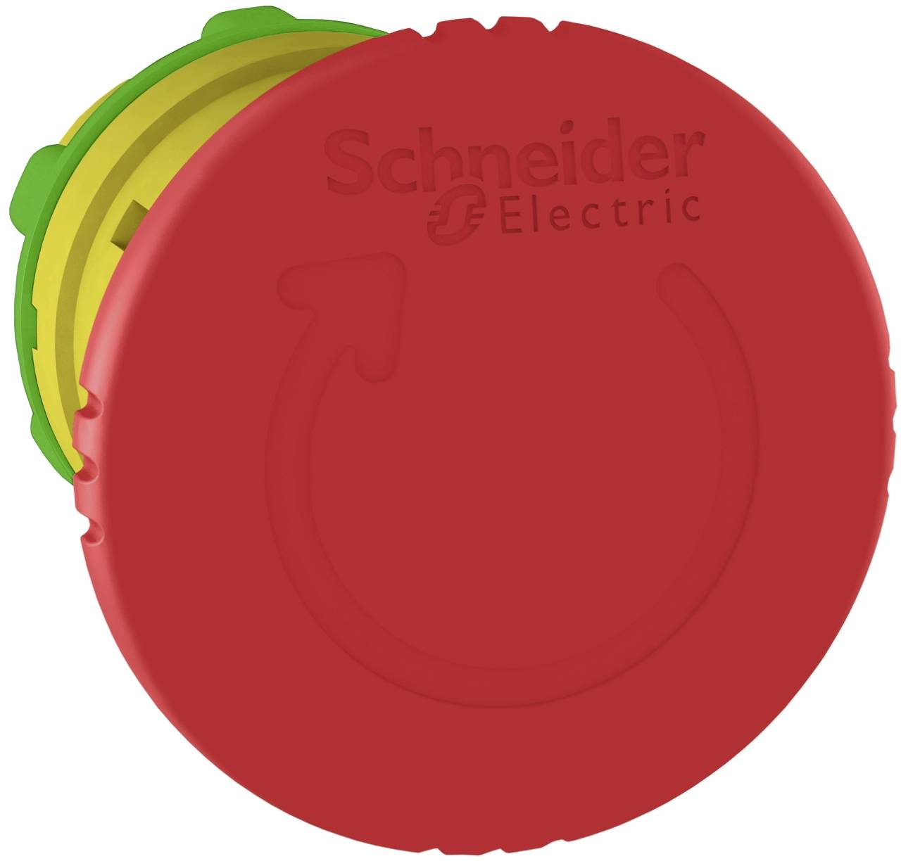 Roter Notausschalter von Schneider Electric mit grüner und gelber Basis, dargestellt als Nahaufnahme eines Produktbildes.