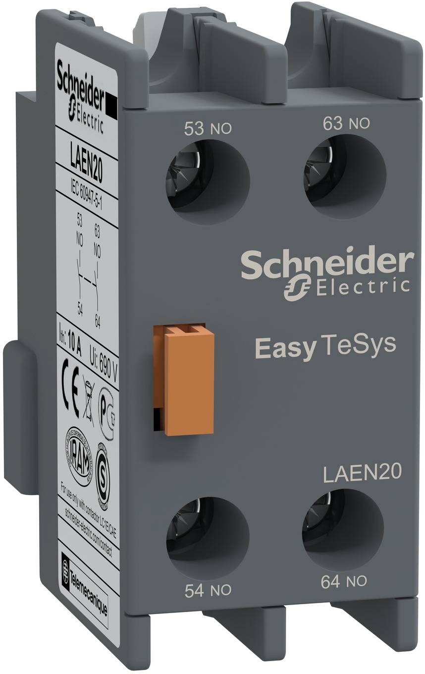 Schneider Electric Easy TeSys LAEN20 Hilfsschalterblock mit vier beschrifteten Anschlüssen und orangefarbenem Betätiger.